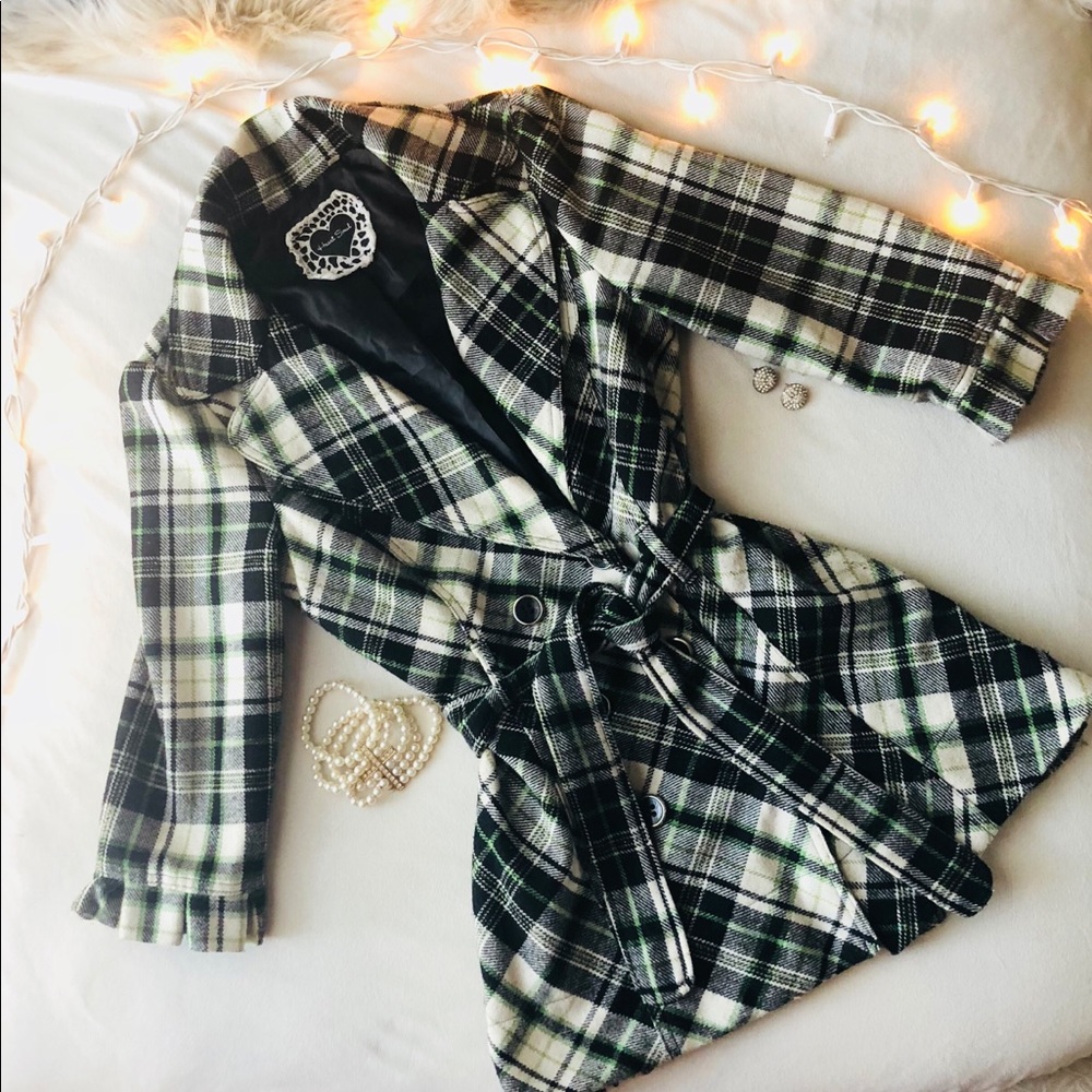 Pretty Plaid Pea Coat fall jacket with ruffles - Picture 3 of 7